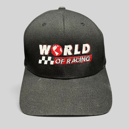 Raree Finds black Port Authority flexfit hat with embroidered World of Racing logo, checkered flag, and red globe icon.