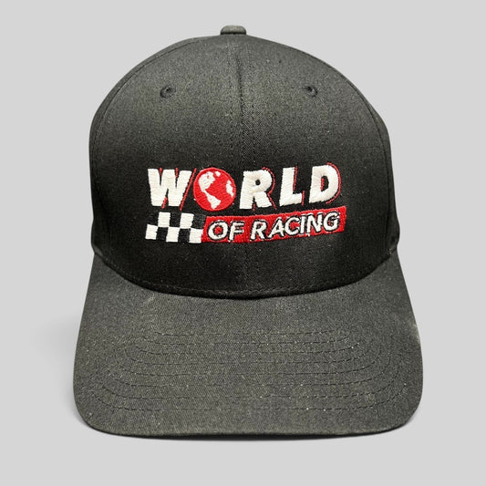 Raree Finds black Port Authority flexfit hat with embroidered World of Racing logo, checkered flag, and red globe icon.