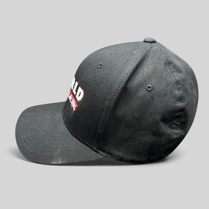 Raree Finds black World of Racing flexfit cap with embroidered motorsports graphics and a curved brim