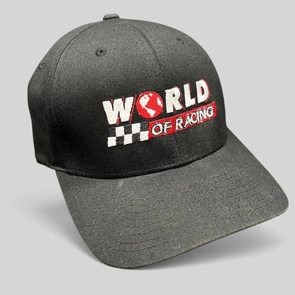 Raree Finds black Port Authority flexfit cap with World of Racing embroidery, checkered flag, and red globe icon.