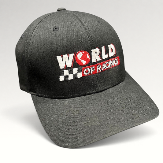 Raree Finds black Port Authority flexfit cap with World of Racing embroidery, checkered flag, and red globe icon.