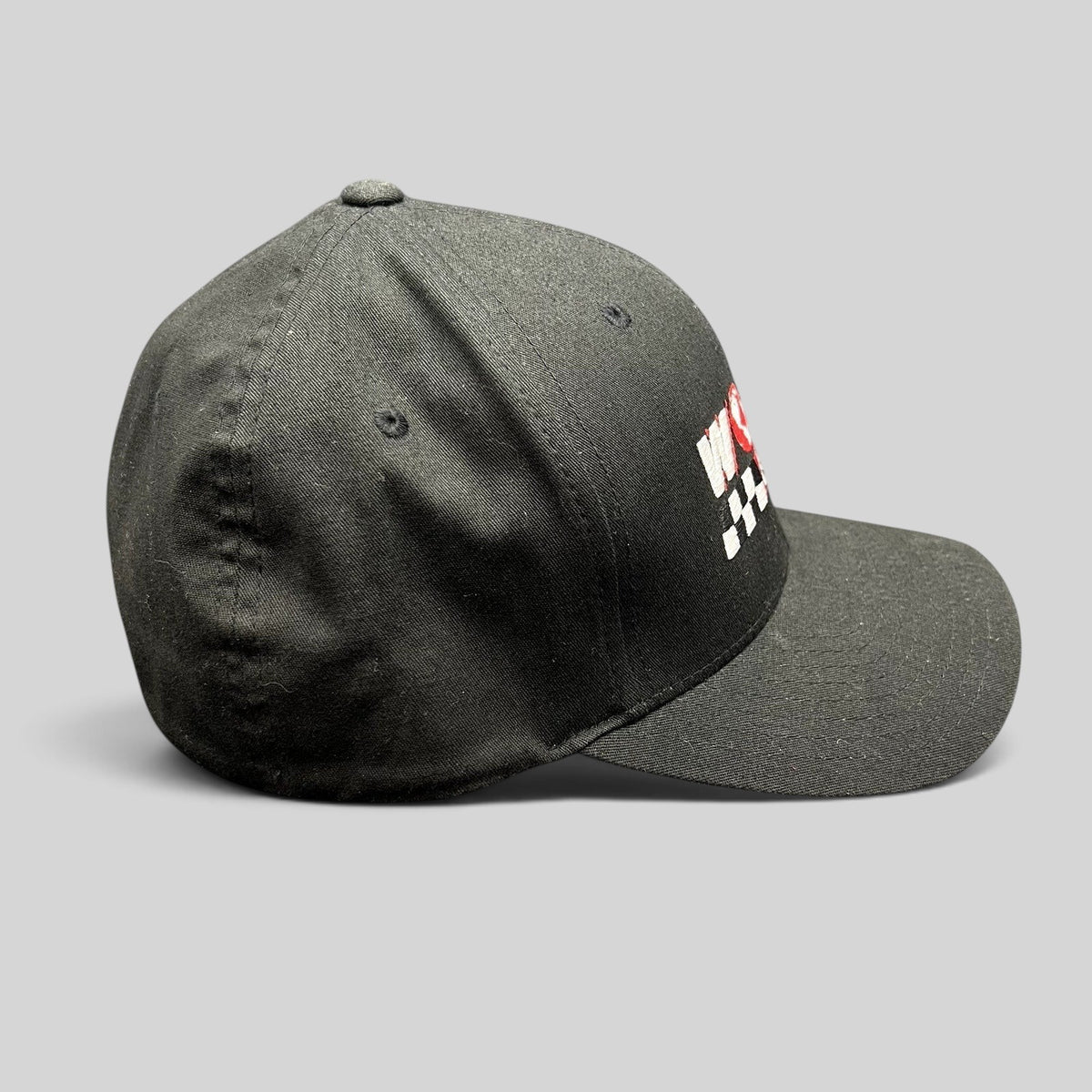 Raree Finds black Port Authority Flexfit cap with World of Racing embroidered logo and checkered flag detail