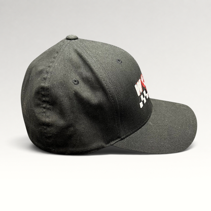 Raree Finds black Port Authority Flexfit cap with World of Racing embroidered logo and checkered flag detail