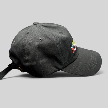 Raree Finds black cotton dad hat with colorful Girlfriends Boyfriends rainbow embroidery and adjustable strapback.