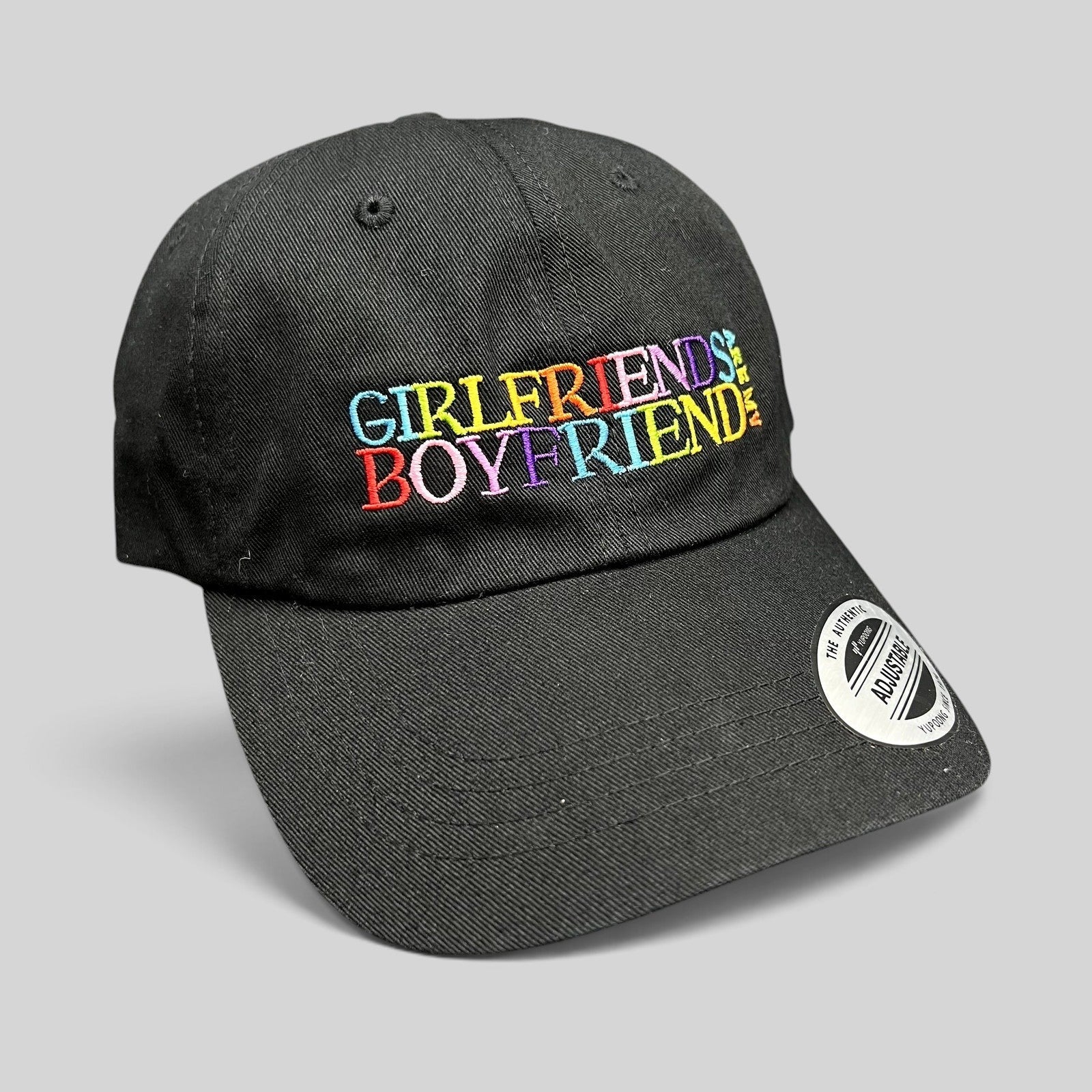 Raree Finds black cotton dad hat with colorful Girlfriends Boyfriends rainbow embroidery and curved brim