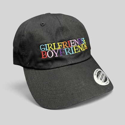 Raree Finds black cotton dad hat with colorful Girlfriends Boyfriends rainbow embroidery and curved brim