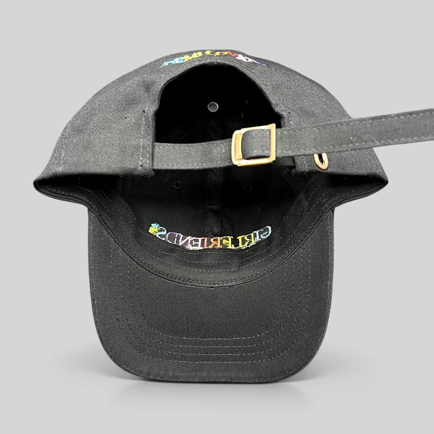 Raree Finds black cotton dad hat with rainbow Girlfriends Boyfriends embroidery and adjustable metal buckle strap