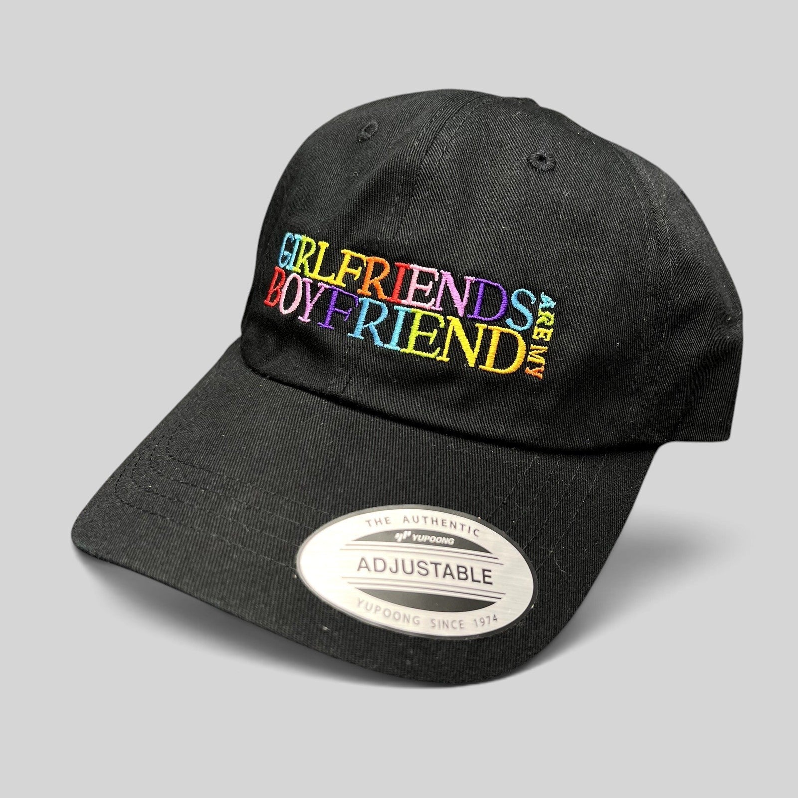 Raree Finds black cotton dad hat with colorful rainbow Girlfriends Boyfriends embroidery and Yupoong brim sticker