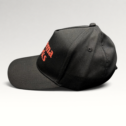 Raree Finds black cotton twill strapback hat with red Samy’s CinemaWorks embroidery on the side profile