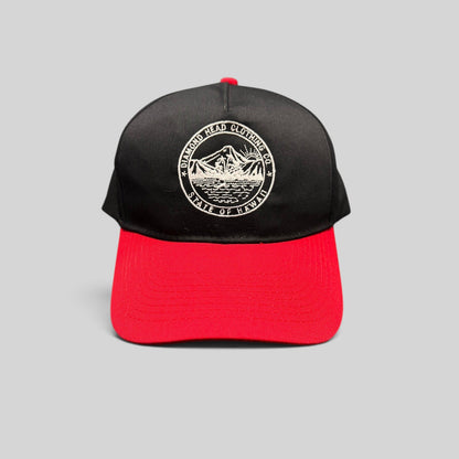Raree Finds Diamond Head Clothing Co. black and red snapback hat with embroidered Hawaii circular patch