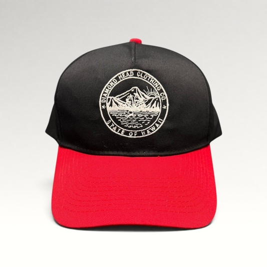 Raree Finds Diamond Head Clothing Co. black and red snapback hat with embroidered Hawaii circular patch