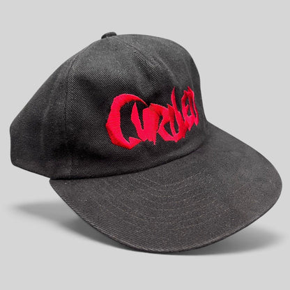 Raree Finds black snapback hat with red embroidered Curdled metal band logo on the front panel