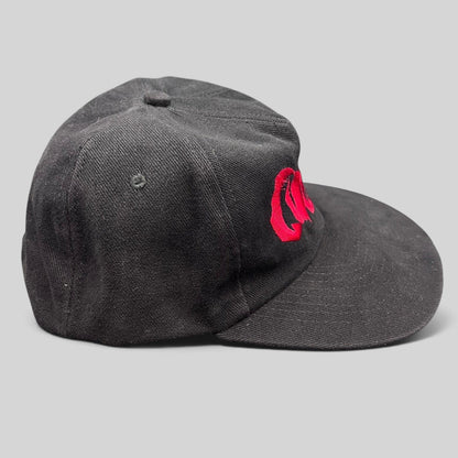 Raree Finds black cotton snapback hat with red embroidered Curdled metal band logo on the front panel