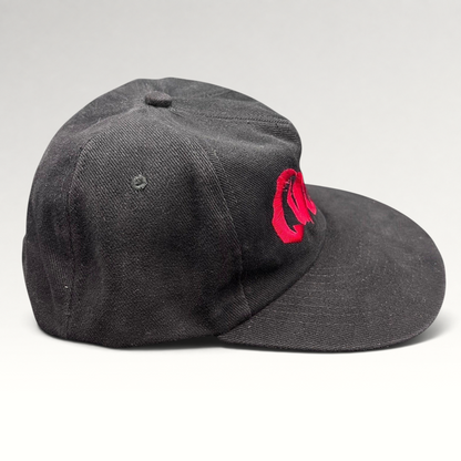 Raree Finds black cotton snapback hat with red embroidered Curdled metal band logo on the front panel
