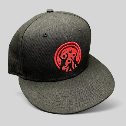 Raree Finds black New Era 9FIFTY snapback hat with a red embroidered Background Vibez logo on the front