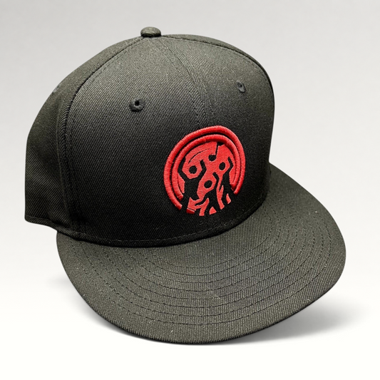 Raree Finds black New Era 9FIFTY snapback hat with a red embroidered Background Vibez logo on the front