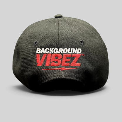 Raree Finds black New Era 9FIFTY snapback hat featuring red and white Background Vibez logo embroidery on the back