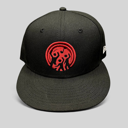 Raree Finds black New Era 9FIFTY snapback hat with red embroidered Background Vibez logo on the front crown