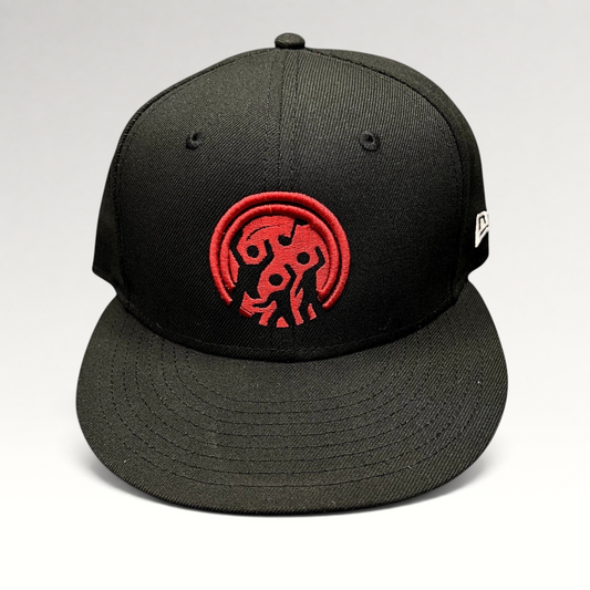 Raree Finds black New Era 9FIFTY snapback hat with red embroidered Background Vibez logo on the front crown