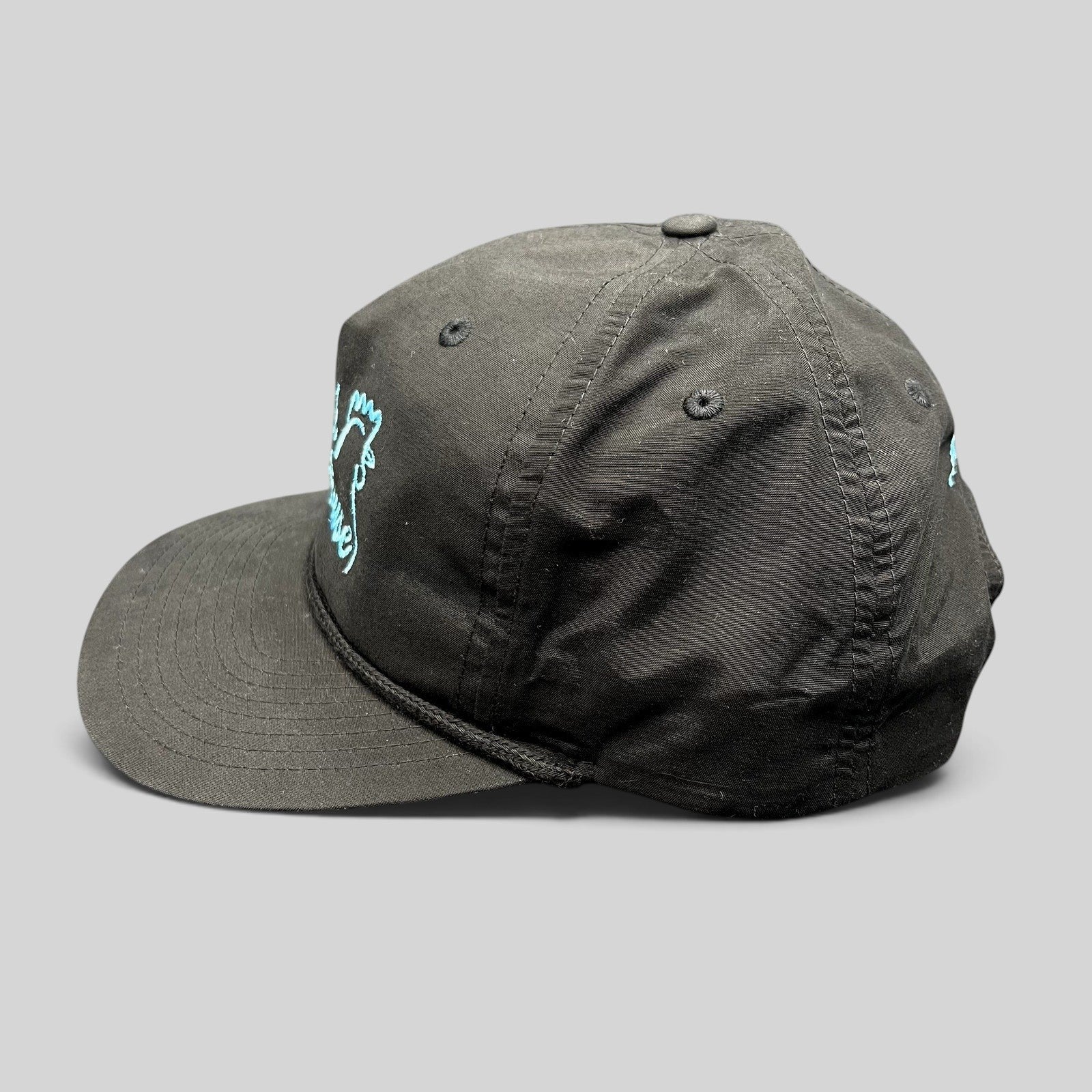 Raree Finds black Richardson Outdoor snapback hat with aqua blue Cluck House rooster logo and rope brim detail