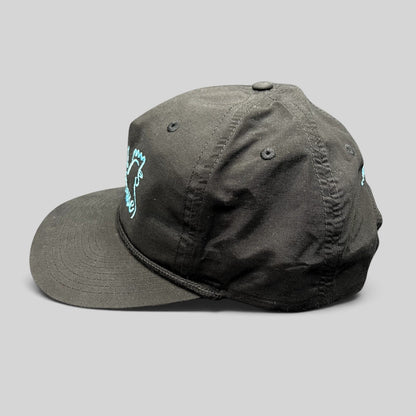 Raree Finds black Richardson Outdoor snapback hat with aqua blue Cluck House rooster logo and rope brim detail