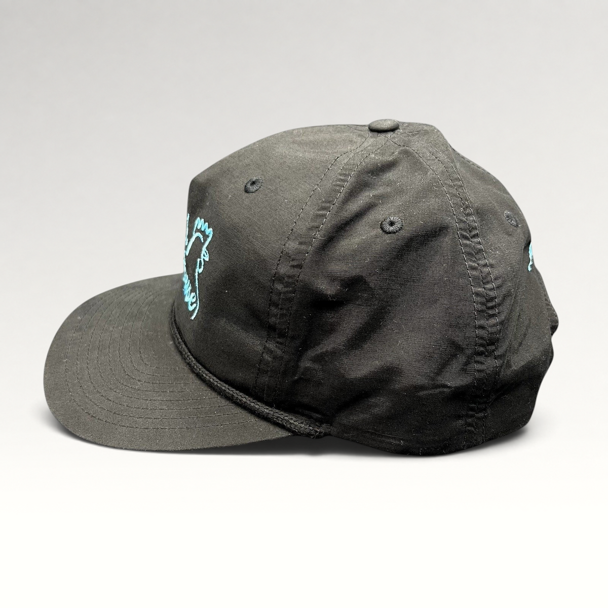 Raree Finds black Richardson Outdoor snapback hat with aqua blue Cluck House rooster logo and rope brim detail