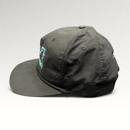 Raree Finds black Richardson Outdoor snapback hat with aqua blue Cluck House rooster logo and rope brim detail