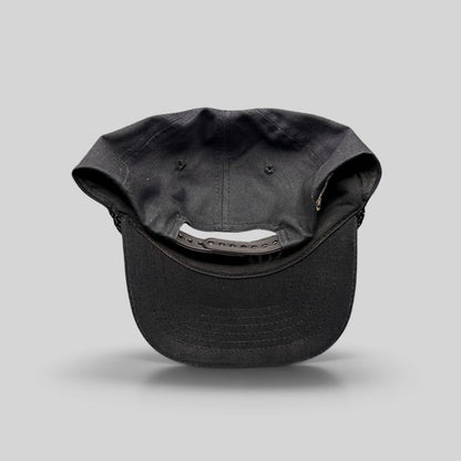 Raree Finds vintage black cotton snapback hat with rope trim and adjustable back closure, rear view.