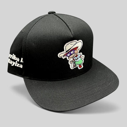 Raree Finds black Yupoong snapback hat featuring a Rugrats-inspired embroidered character and Arriba La Mayiza text.