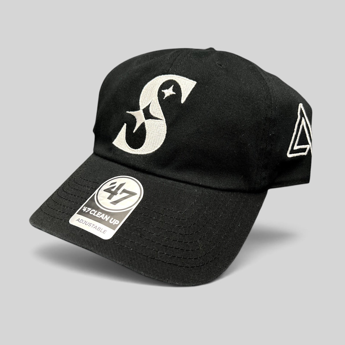 Raree Finds 47 Brand black cotton strapback hat with white embroidered S logo and curved brim