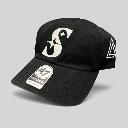 Raree Finds 47 Brand black cotton strapback hat with white embroidered S logo and curved brim