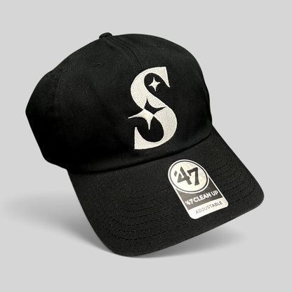Raree Finds 47 Brand black cotton strapback hat with a white embroidered S logo and curved brim