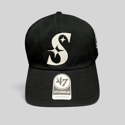 Raree Finds 47 Brand black cotton strapback hat with a white embroidered S logo and curved brim