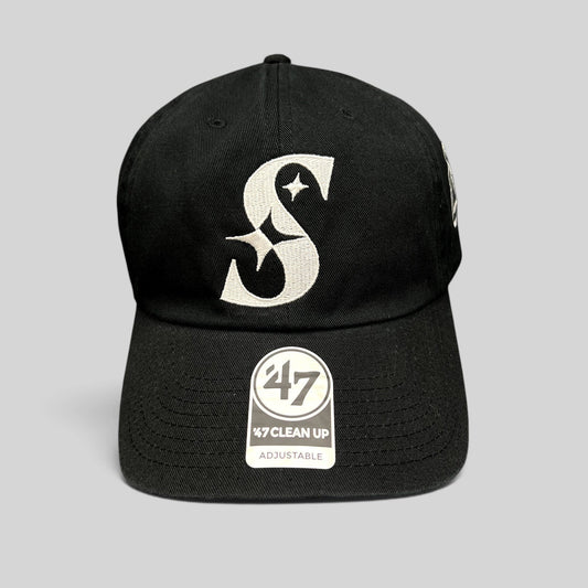 Raree Finds 47 Brand black cotton strapback hat with a white embroidered S logo and curved brim