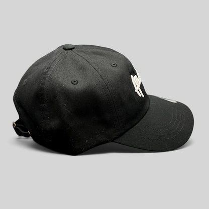 Raree Finds black cotton dad cap with white Atlantic script embroidery and adjustable strapback closure