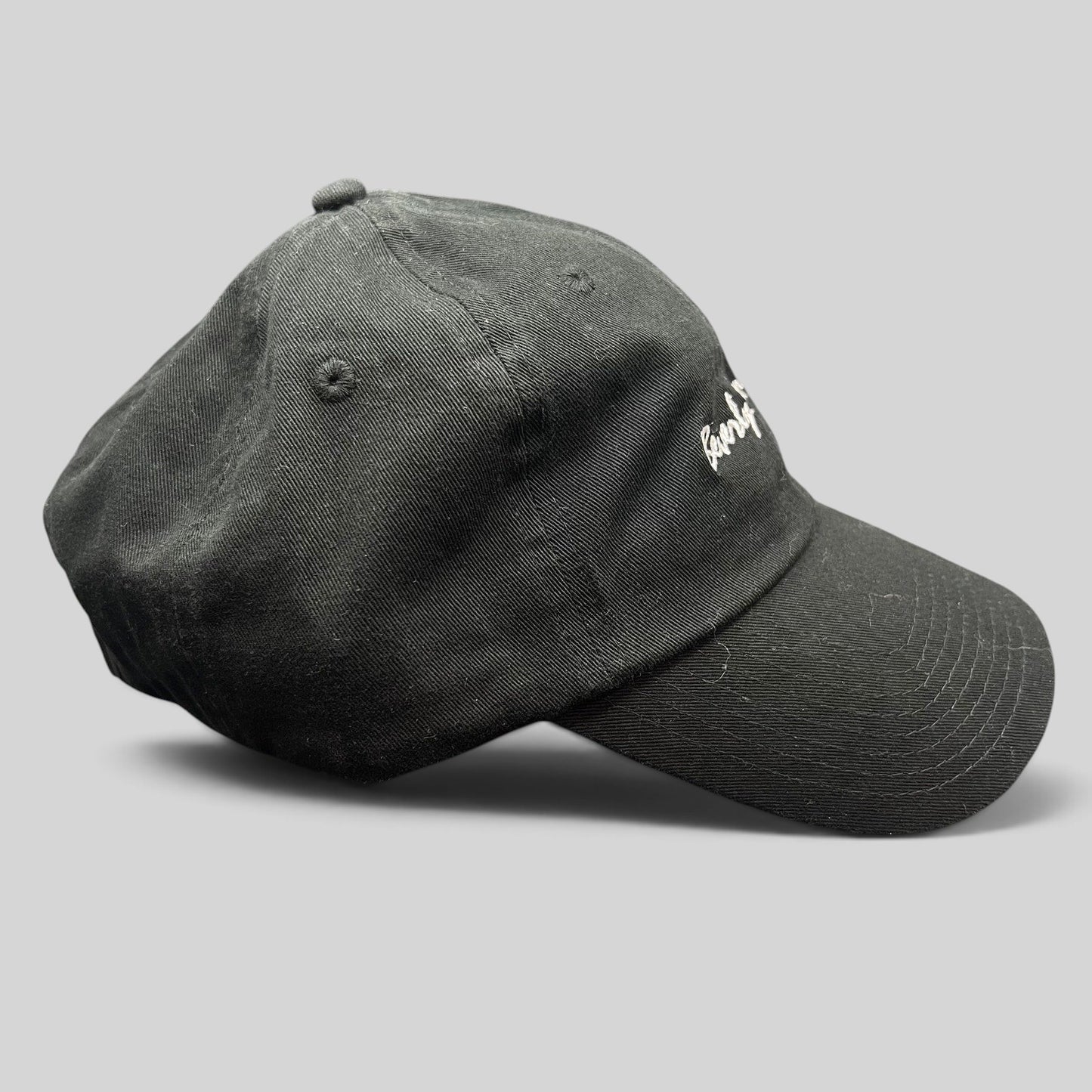 Raree Finds black cotton strapback hat with white Beverly Glen Deli script embroidery and curved bill