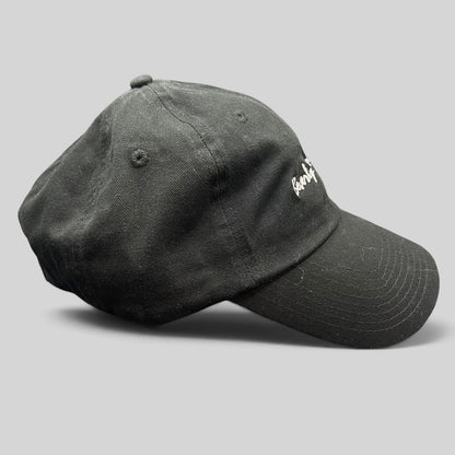 Raree Finds black cotton strapback hat with white Beverly Glen Deli script embroidery and curved bill