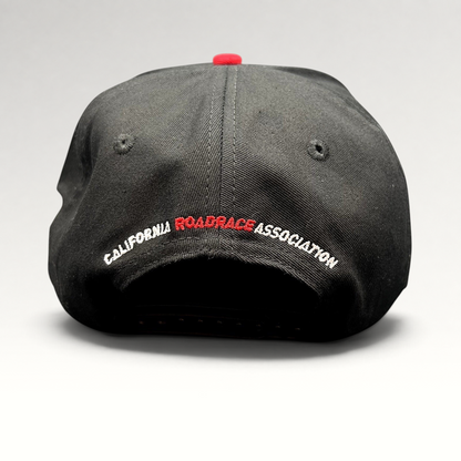 Raree Finds black snapback hat with California RoadRace Association embroidery on the back and a red top button