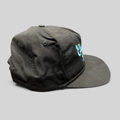 Raree Finds black Richardson Outdoor snapback hat with aqua blue Cluck House script embroidery and front rope detail.