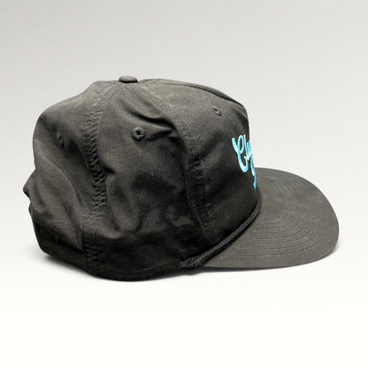 Raree Finds black Richardson Outdoor snapback hat with aqua blue Cluck House script embroidery and front rope detail.