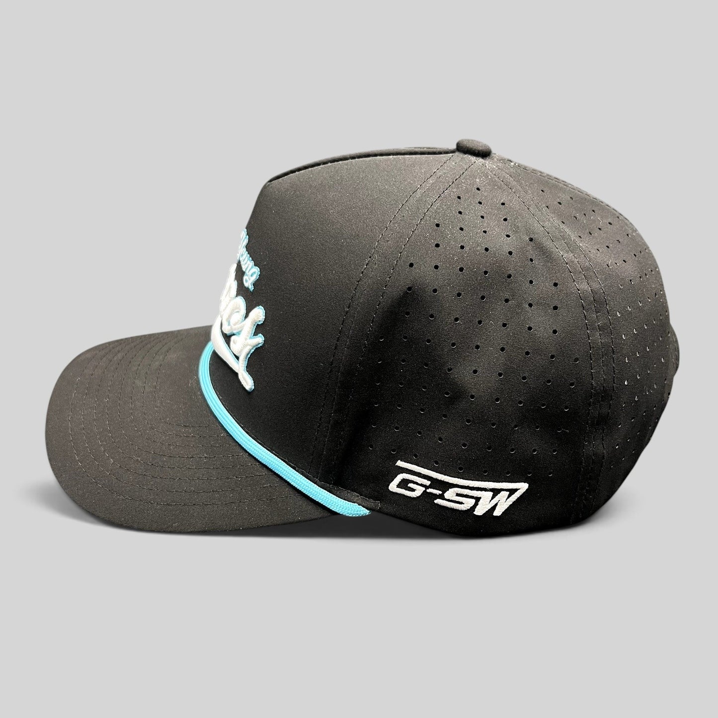 Raree Finds black snapback hat with Young Genos embroidery, teal rope accent, and perforated side panels.