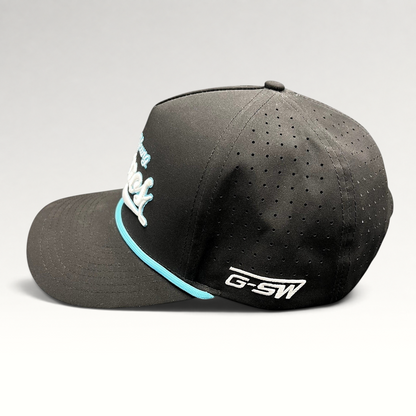 Raree Finds black snapback hat with Young Genos embroidery, teal rope accent, and perforated side panels.