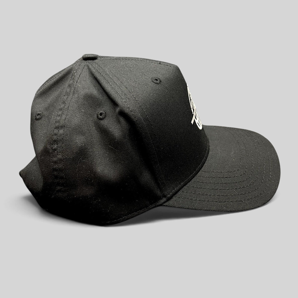 Raree Finds black snapback hat with structured six-panel crown and embroidered globe logo on the front