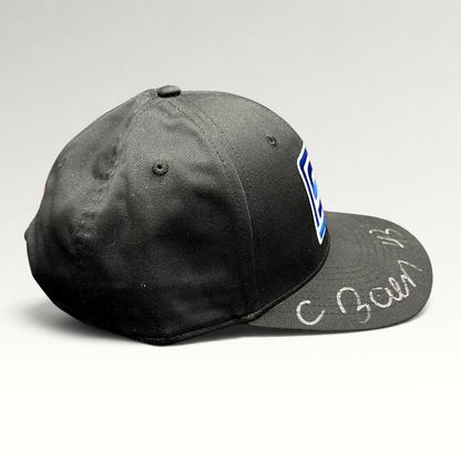 Raree Finds black snapback hat with blue and white Spears logo and silver autograph on the brim