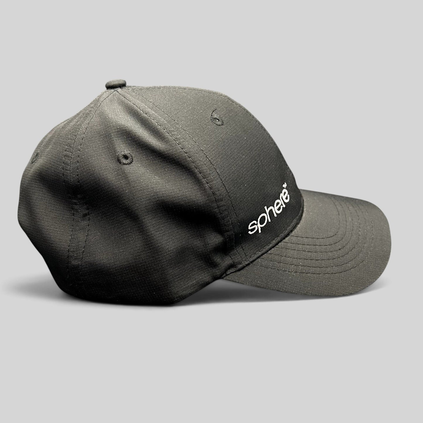 Raree Finds black strapback hat with white Sphere logo embroidery and curved brim in an unstructured profile.