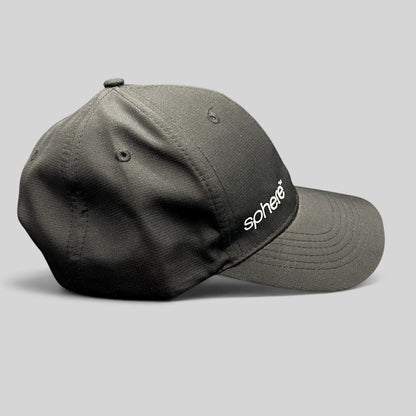 Raree Finds black strapback hat with white Sphere logo embroidery and curved brim in an unstructured profile.