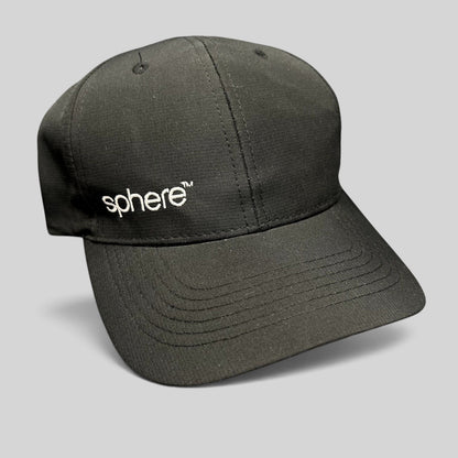 Raree Finds black strapback hat with white sphere logo embroidery and curved brim in a minimalist polyester design.