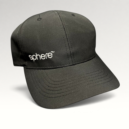 Raree Finds black strapback hat with white sphere logo embroidery and curved brim in a minimalist polyester design.