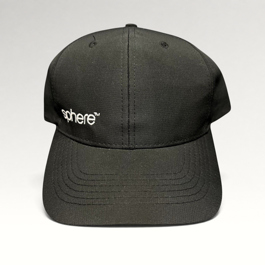Raree Finds black strapback hat with white sphere embroidery on the front panel and a curved brim