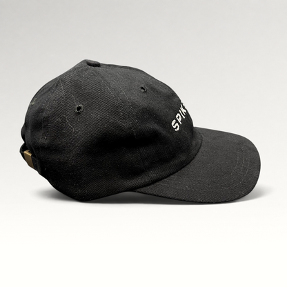 Raree Finds vintage black brushed cotton strapback hat with white and gold SPIKE DDB logo embroidery